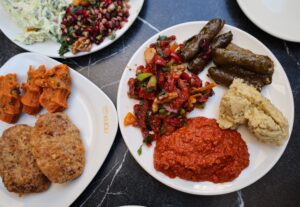 Delicious variety of Turkish meze featuring dolmas, kofte, and fresh salads.